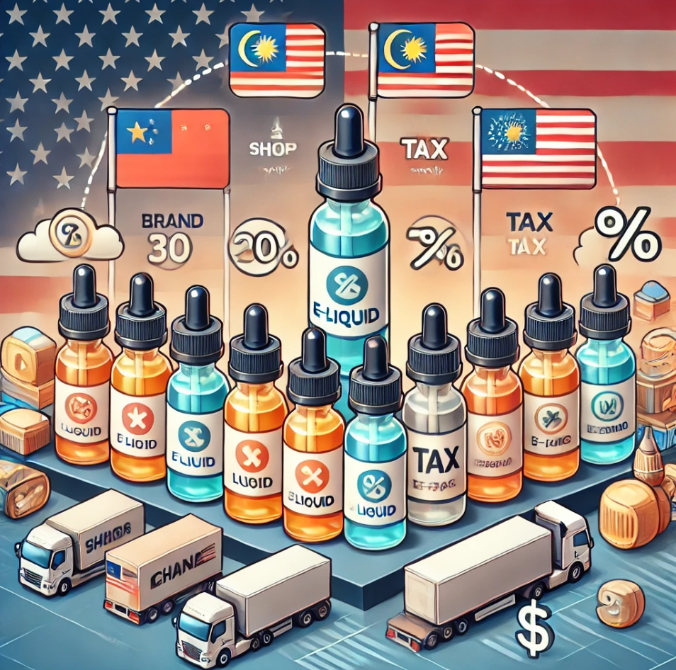 這張圖展示了影響電子煙煙油價格的多個因素，圖中有不同價格的電子煙油瓶，旁邊標註有品牌、運費、稅金百分比及質量認證的圖示。圖中還有運輸和稅務符號，背景則是中國、馬來西亞和美國的國旗，代表這些國家是主要的電子煙油生產地。