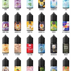 GENESIS 創世紀煙油全系列口味一覽圖,展示30ml裝共30種不同口味瓶身排布。