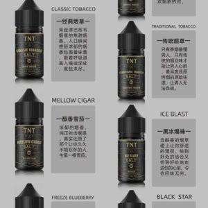 SANDI TNT 煙草煙油系列產品海報,展示七款經典口味介紹,包括黑星、藍莓爆珠、黑冰爆珠、濃縮煙草、傳統煙草、香草奶油與葡萄萬寶路,搭配中文與英文說明文字。